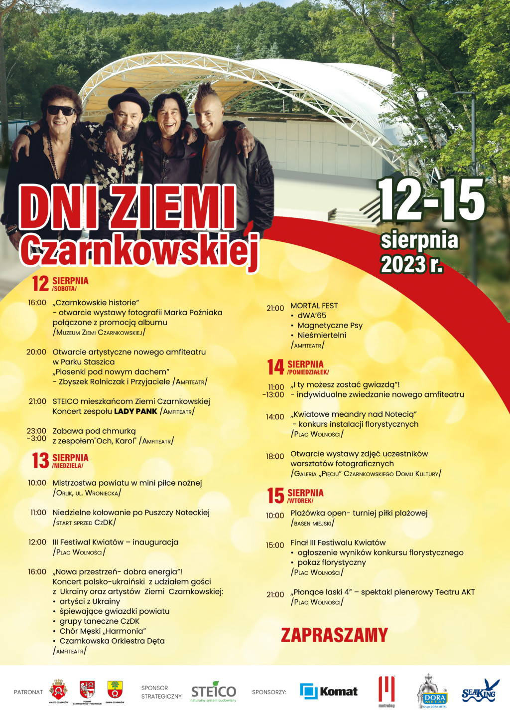 Treść plakatu wpleciona w&nbsp;fotografię członk&oacute;w zespołu Lady Pank na&nbsp;tle czarnkowskiego amfiteatru.
