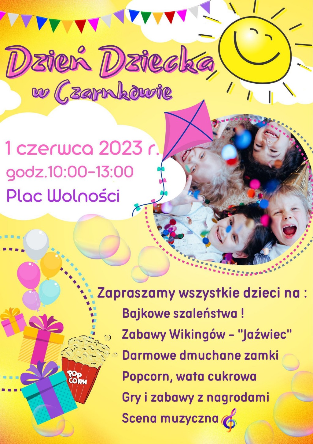 Treść plakatu na&nbsp;tle fotografii czworga uśmiechniętnych dzieci i&nbsp;element&oacute;w dekoracyjnych
