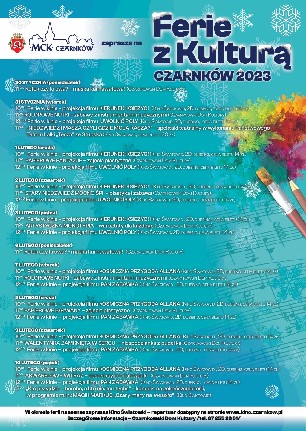 Treść plakatu z&nbsp;wtopionymi w&nbsp;niebieskie tło pędzlami malarskimi, zeszytem nutowym i&nbsp;płatkami śniegu