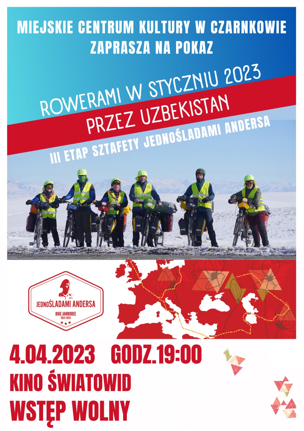 Sześć os&oacute;b stojących z&nbsp;rowrerami na&nbsp;tle ośnieżonych g&oacute;r