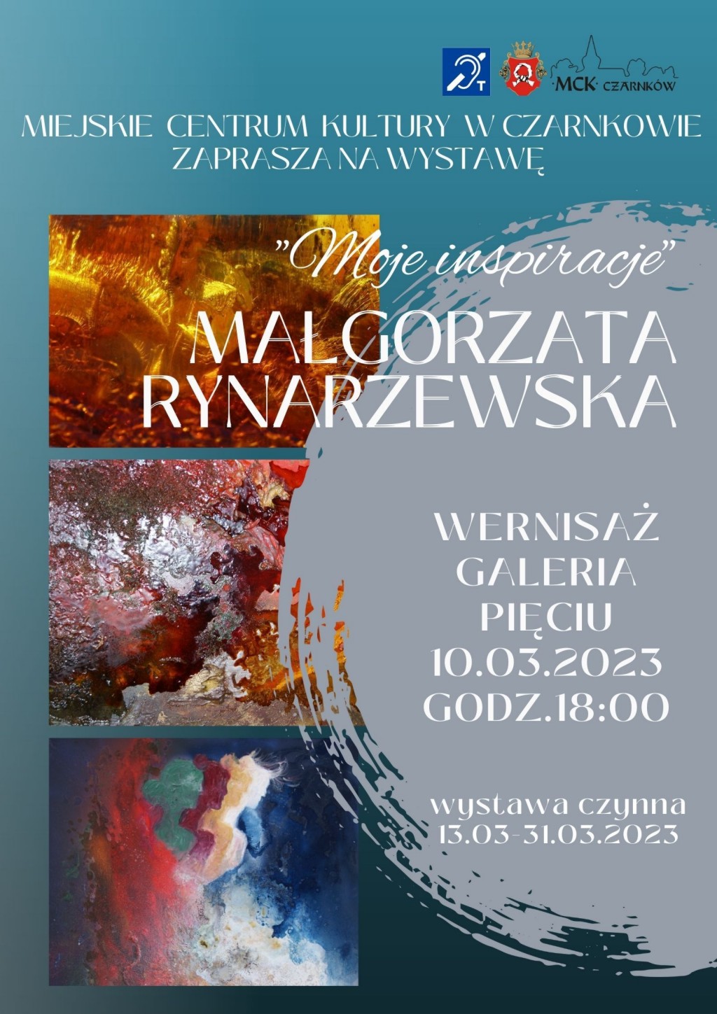 Treść plakatu na&nbsp;tle trzech prac w&nbsp;części przykrytych nieregularnym okręgiem