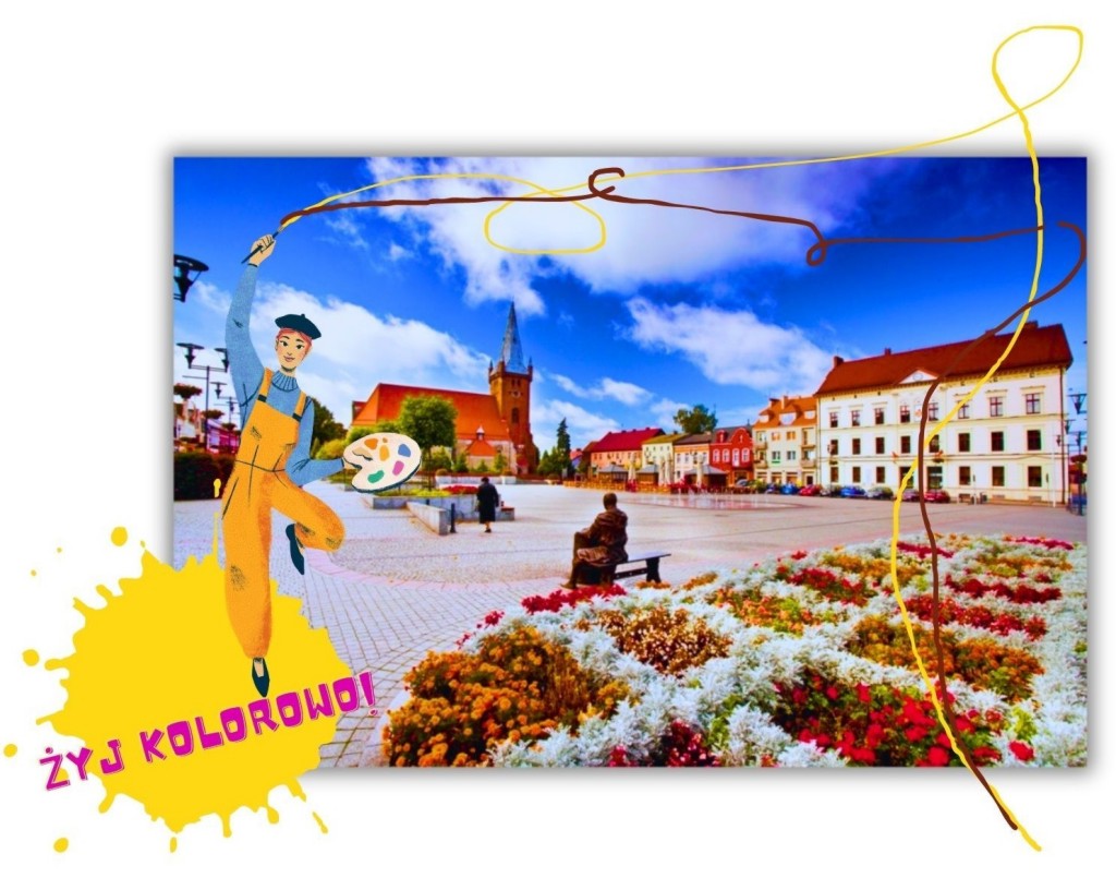 Plac Wolności w&nbsp;Czarnkowie. Na pierwszym planie rabata z&nbsp;kwiatami, w&nbsp;oddali kości&oacute;ł i&nbsp;kamienice