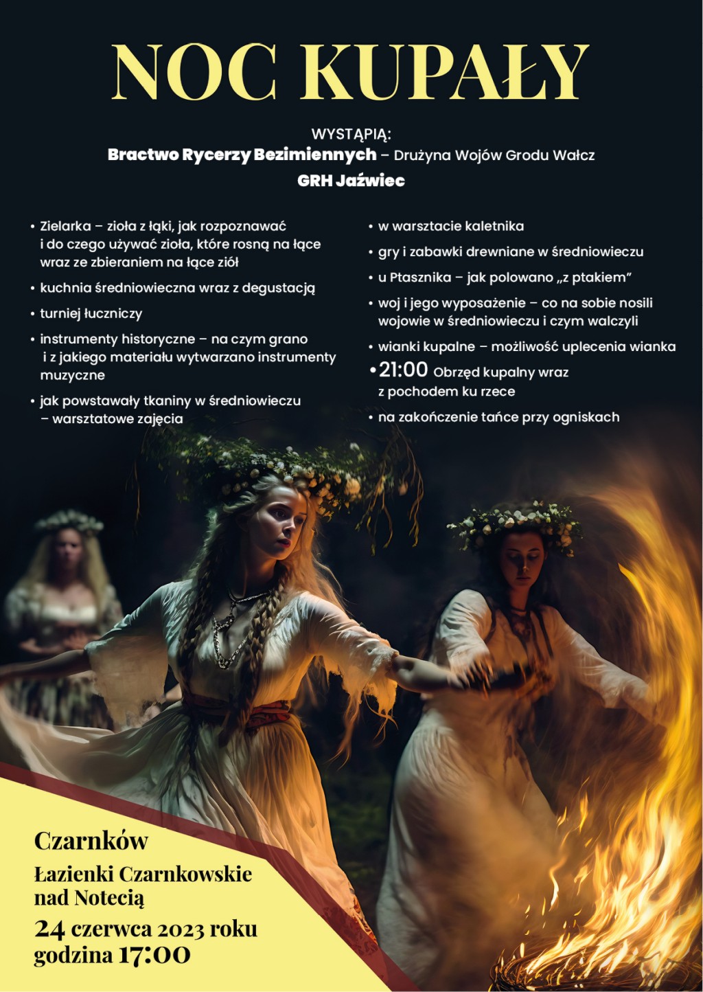 Kobiety w&nbsp;wiankach i&nbsp;białych sukniach tańczące wok&oacute;ł ogniska