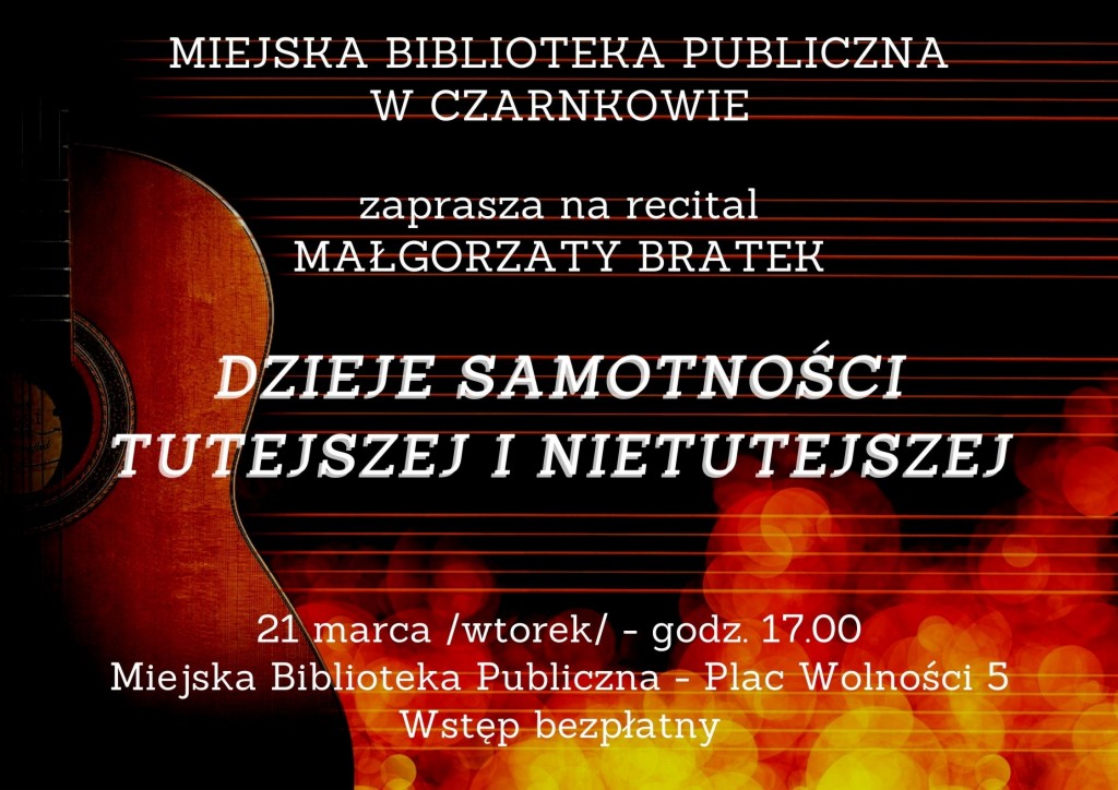 Treść plakatu na&nbsp;tle gitary i&nbsp;czerwonoż&oacute;łtych odblask&oacute;w światła