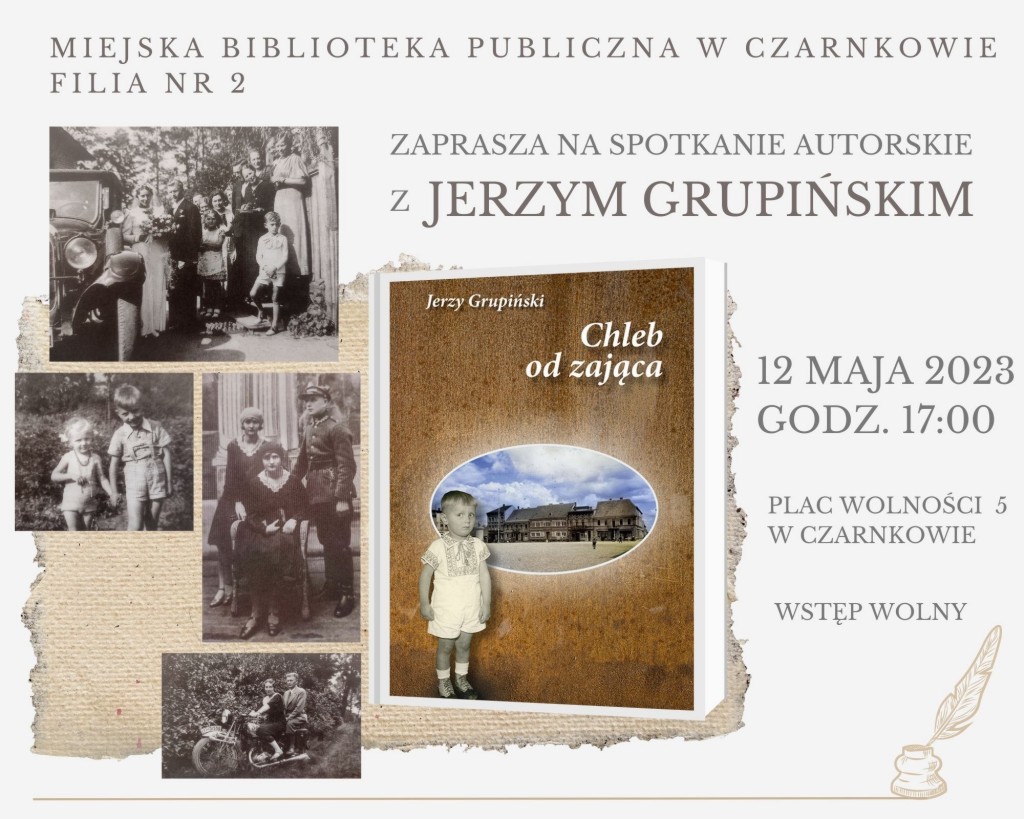 Treść plakatu wkomponowana w&nbsp;fotografie i&nbsp;okładkę książki autora
