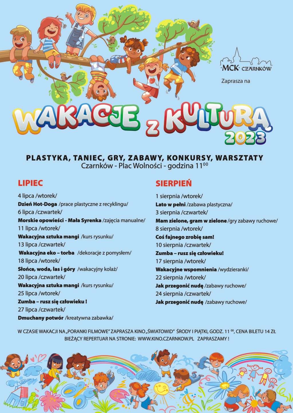 Treść plakatu na&nbsp;niebieskim tle z&nbsp;bawiącymi się dziećmi