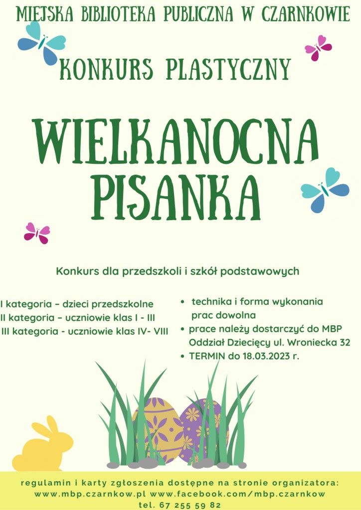 Treść plakatu z&nbsp;rysunkami motyli, zająca i&nbsp;pisanek