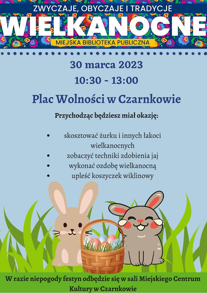 Treść plakatu na&nbsp;błękitnym tle z&nbsp;dwoma kr&oacute;likami i&nbsp;koszykiem wielkanocnym u dołu