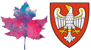 Logo Salonu i Urzędu Marszałkowskiego Kolorowy Klonowy liść i bialy orzeł na czerwonym tle