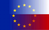 Przenikające się flagi Unii Europejskiej i Polski