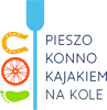 Podkowa, koło, odcisk stopy i wiosło z napisem Pieszo, konno, kajakiem, na kole