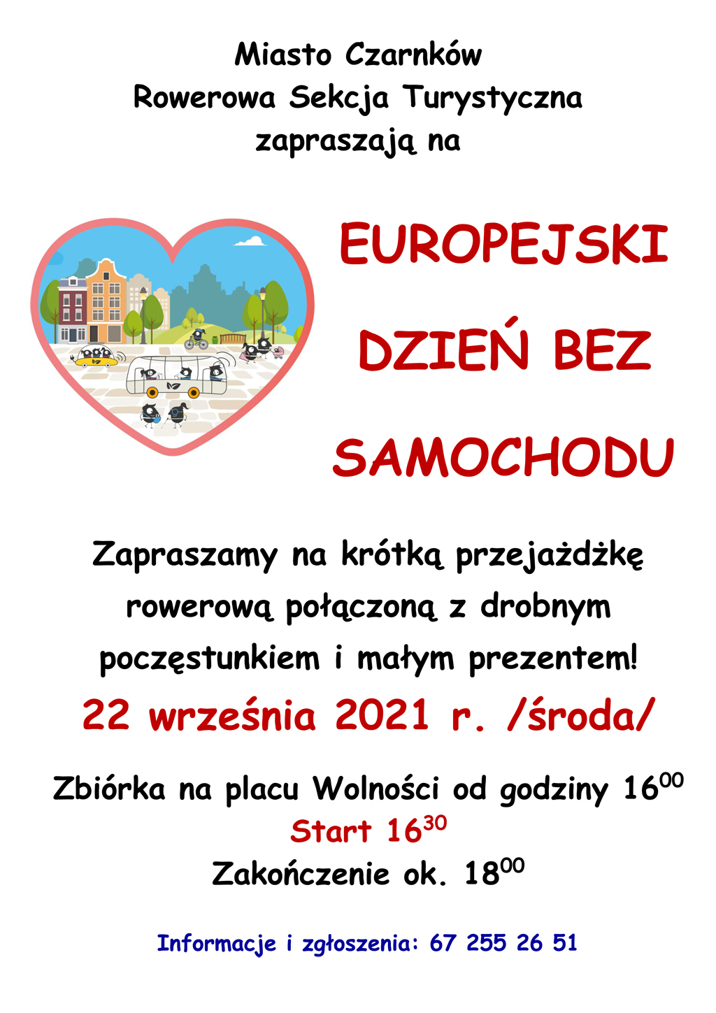 Plakat z informacjami na temat rajdu rowerowego w ramach Europejskiego Dnia bez Samochodu