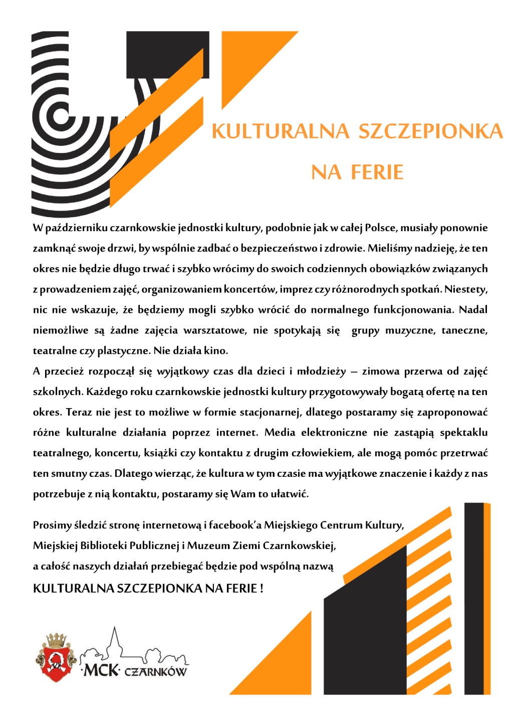 Plakat z informacjami o feriach w MCK