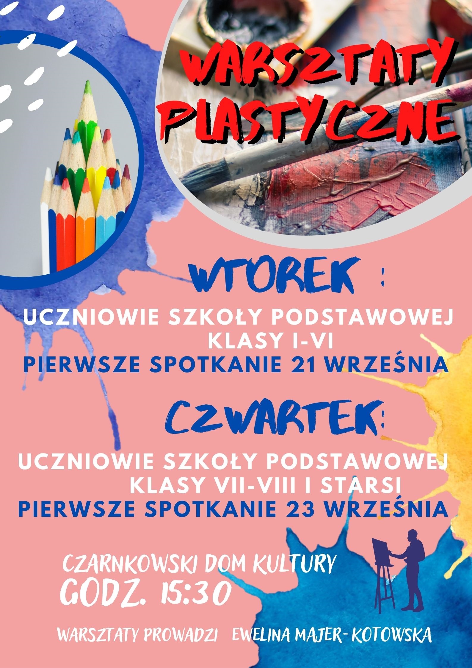 Plakat z informacjami na temat warsztatów plastycznych