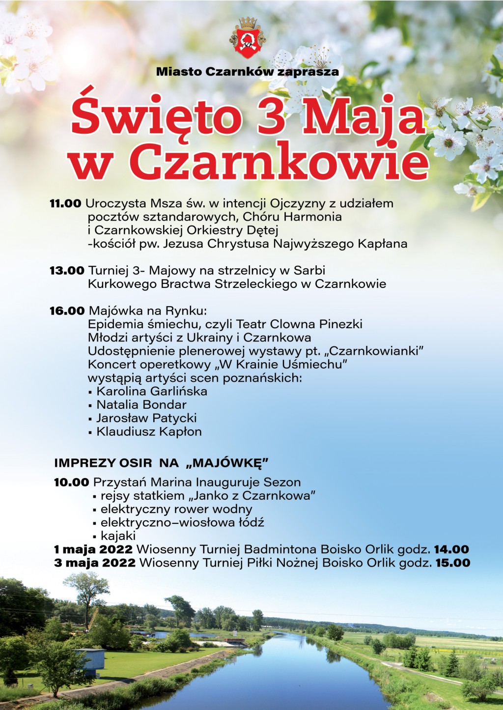 Program obchodów na tle kwiatów i rzeki