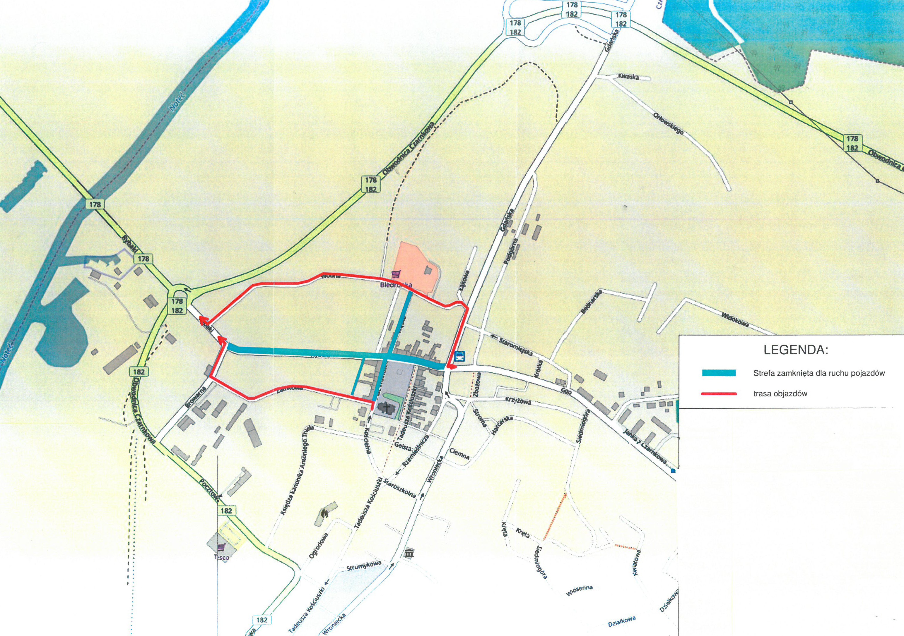 Mapka z zaznaczona zmiana organizacji ruchu w centrum Czarnkowa