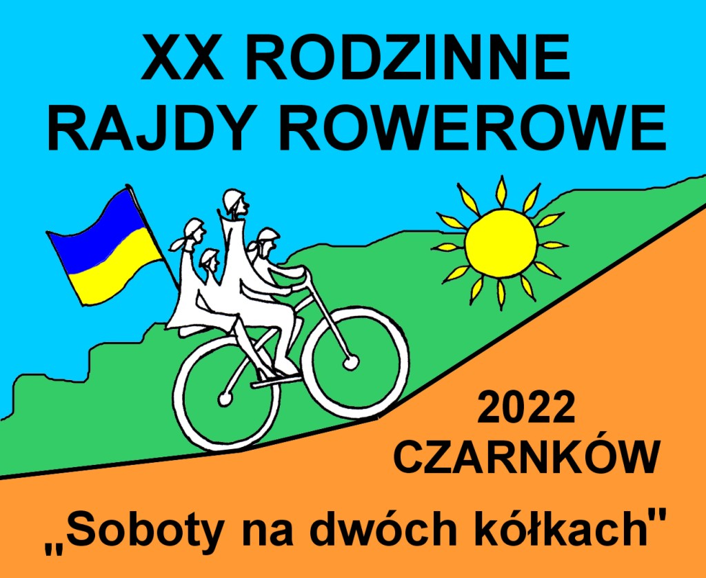 Troje rowerzystów z flagą ukraińską na jednym rowerze na tle krzewów i nieba