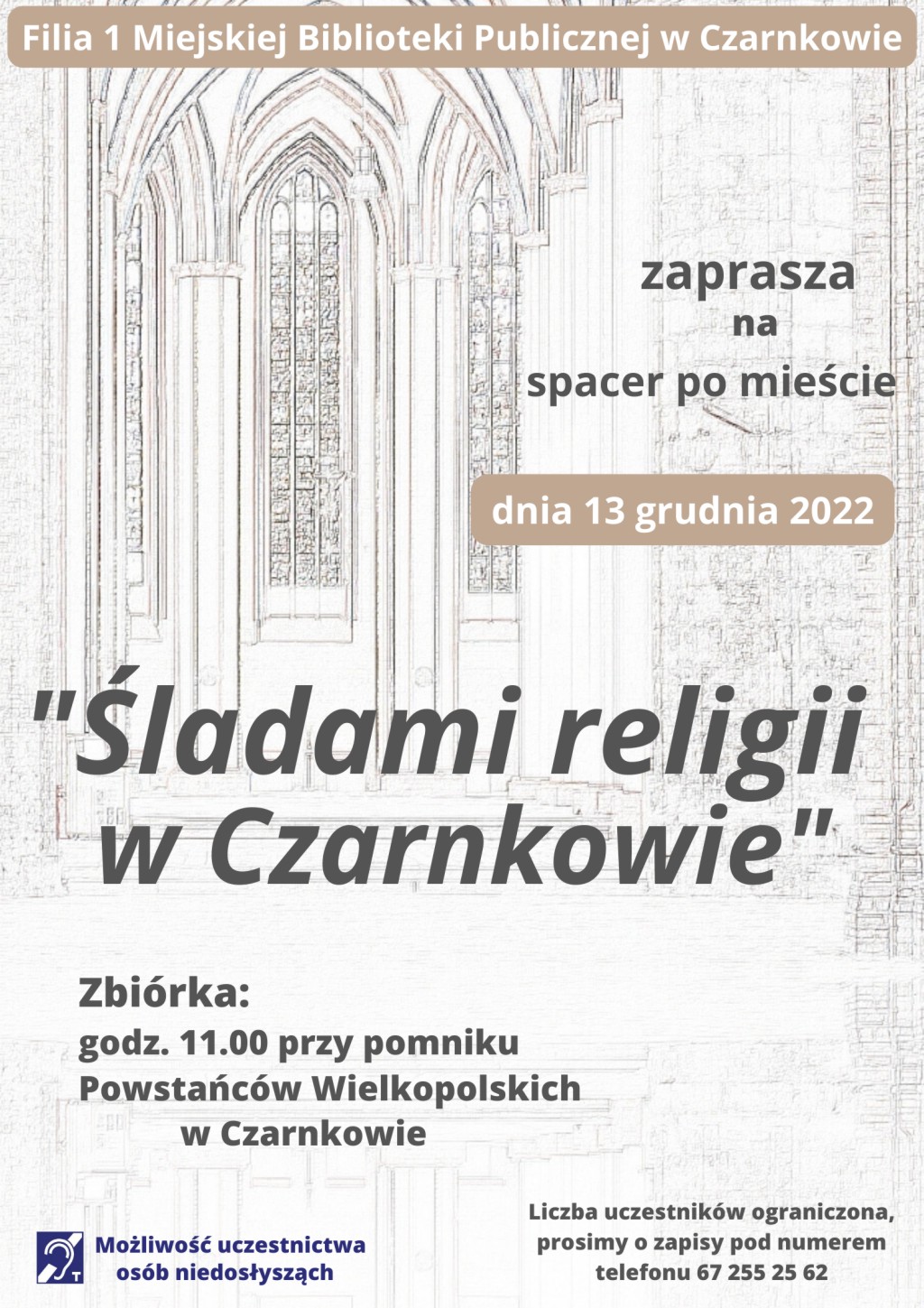 Treść plakatu na tle smukłych witraży kościelnych