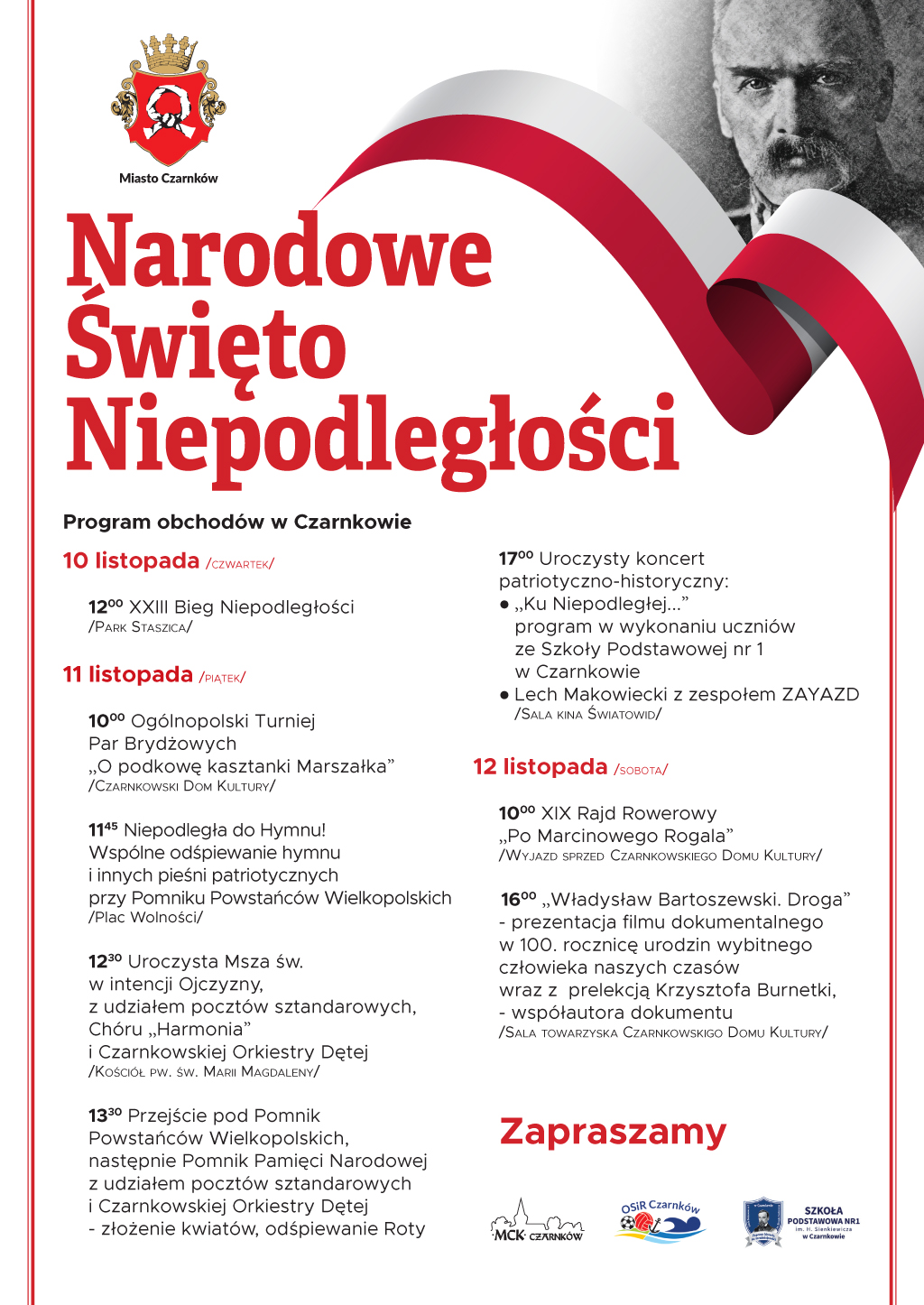 Program obchodów na białym tle z elementami graficznymi w postaci herbu Czarnkowa, flagi narodowej i portretu marszałka Józefa Piłsudskiego