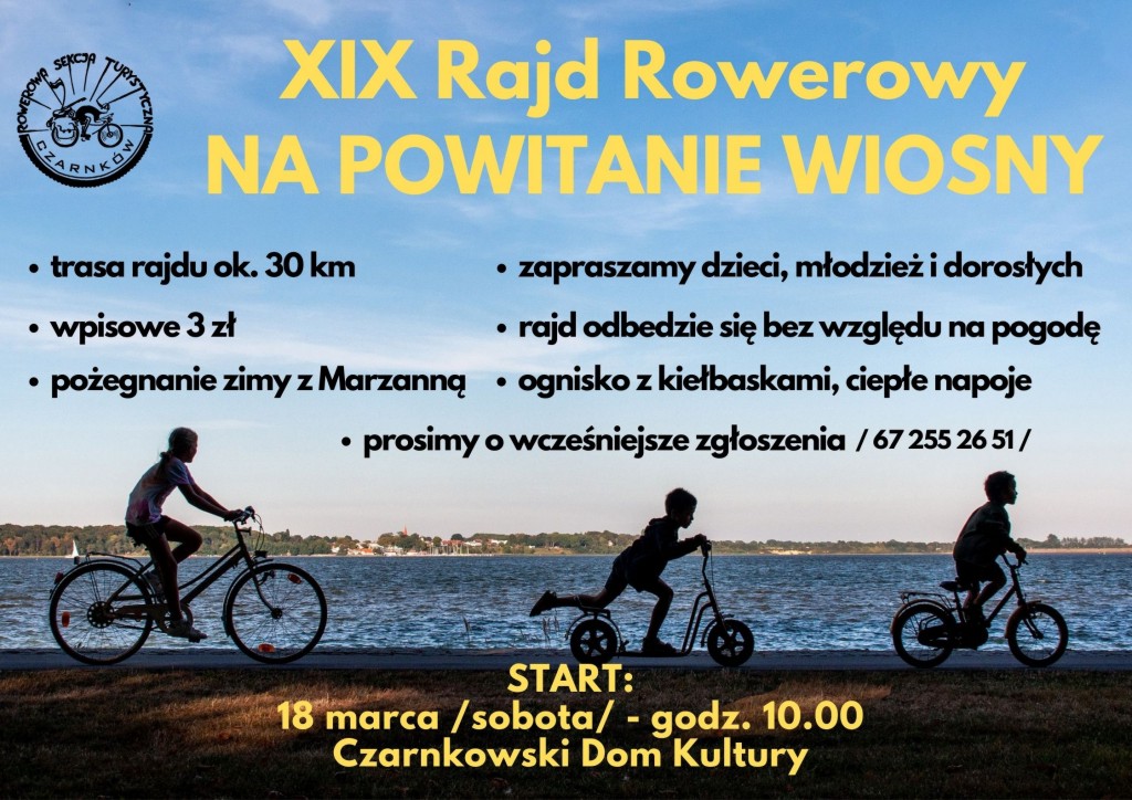 Treść plakatu opatrzona fotografią sylwetek trojga rowerzystów na tle zbiornika wodnego i panoramy miasta