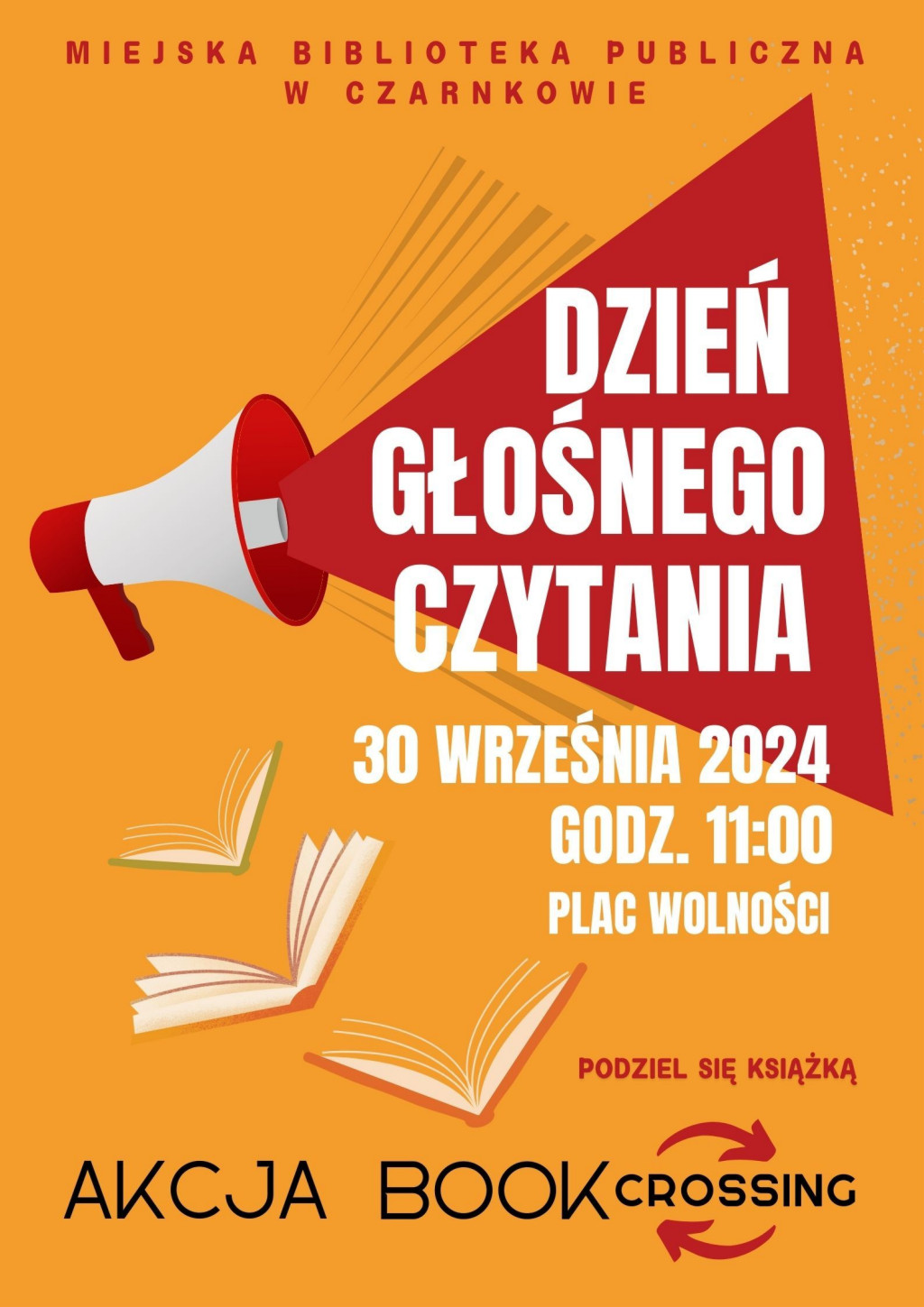 Treść plakatu na tle megafonu i książek stylizowanych na latające ptaki