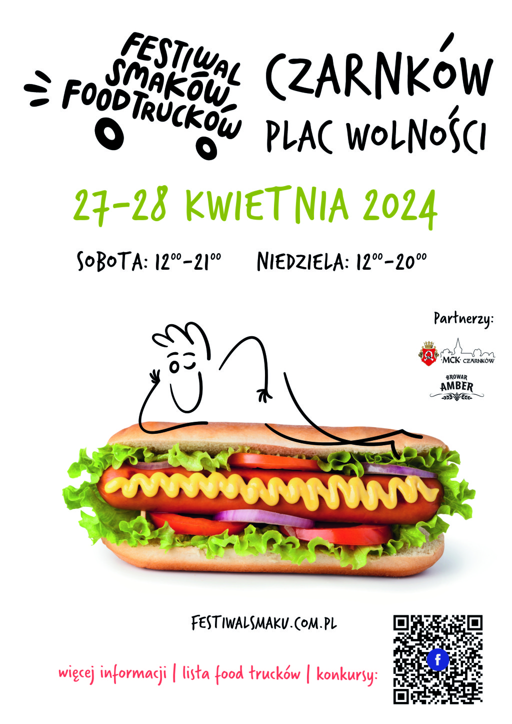 Treść plakatu na&nbsp;białym tle z&nbsp;elementem graficznym w&nbsp;formie hot-doga