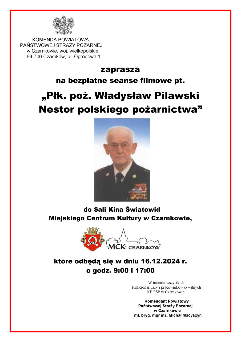 Treść plakatu opatrzona fotografią Władysława Pilawskiego