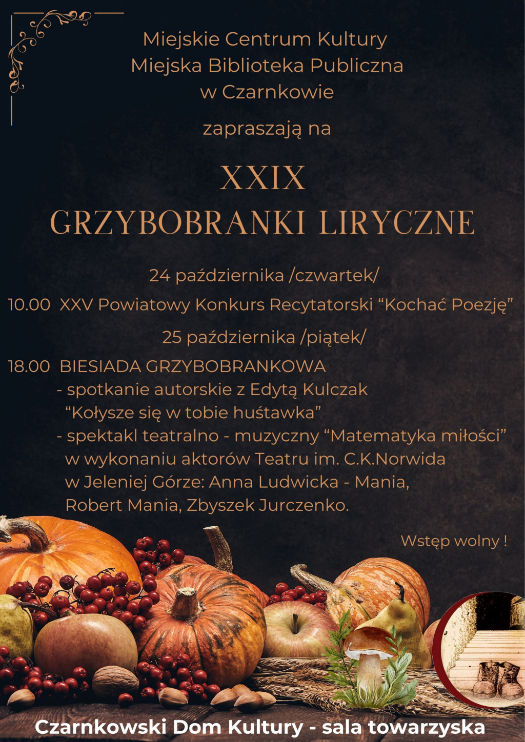 Treść plakatu na&nbsp;tle jesiennych dar&oacute;w natury