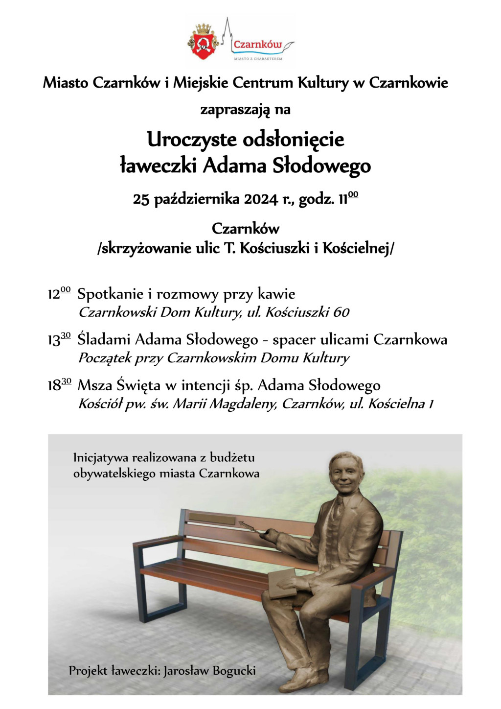 Treść plakatu na&nbsp;tle rzeźby mężczyzny siedzącego na&nbsp;ławce