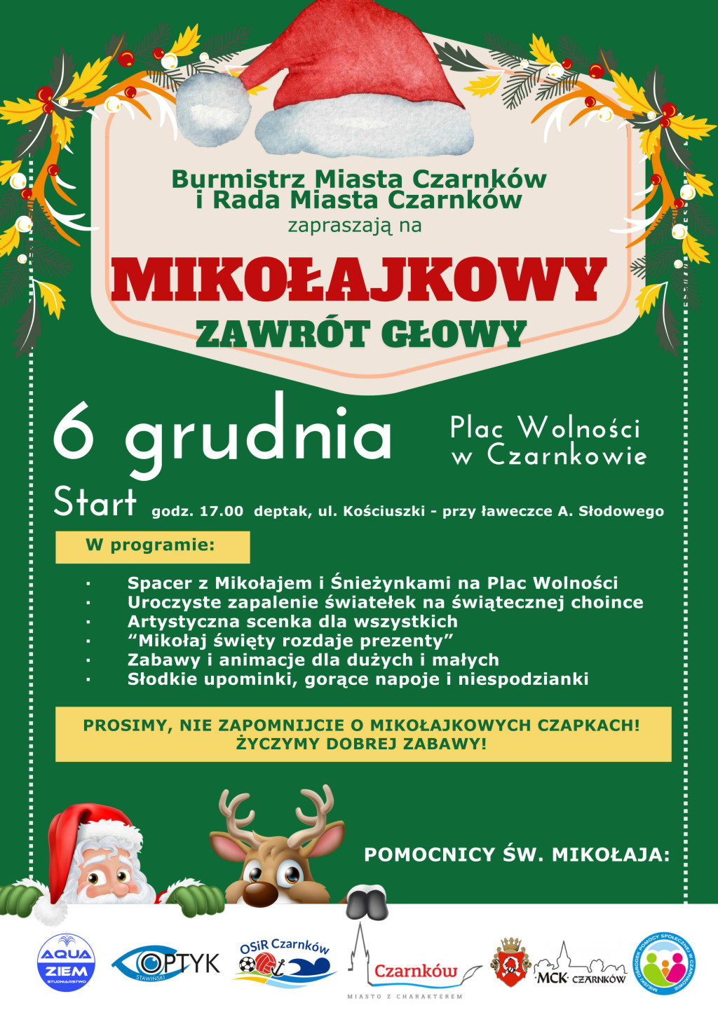 Treść plakatu ze świątecznymi ozdobami w&nbsp;postaci Mikołaja, renifera i&nbsp;jesiennych liści