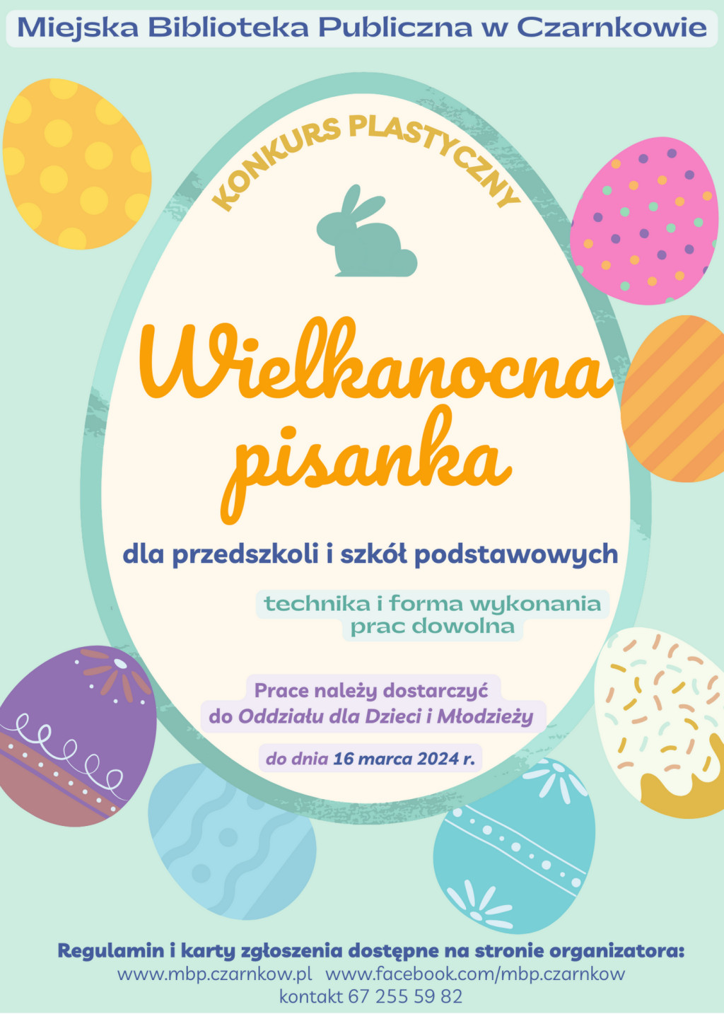 Treść plakatu wpisana w&nbsp;kontur jajka otoczonego pisanami