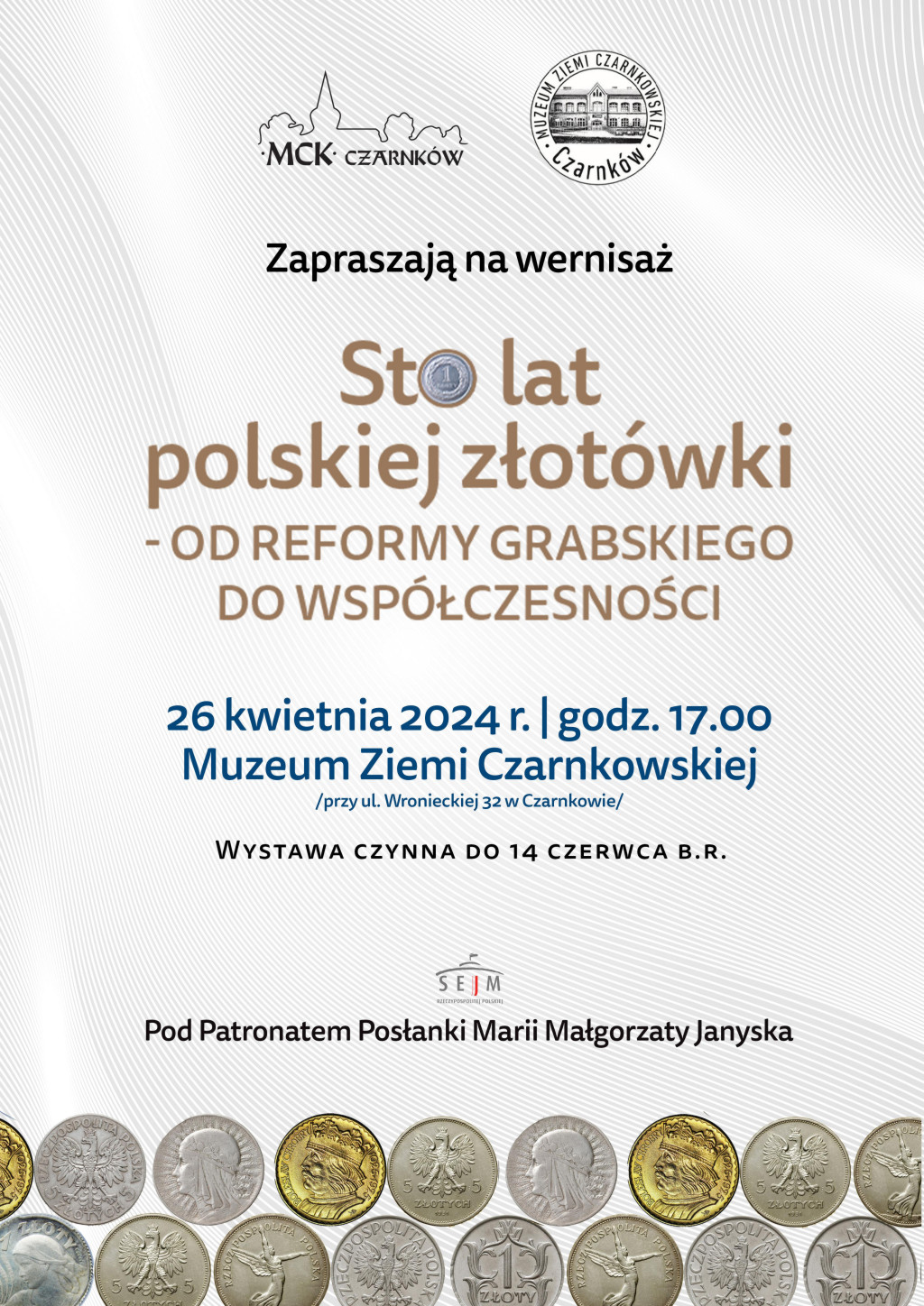 Treść plakatu na&nbsp;szarym tle z&nbsp;r&oacute;żnymi monetami u dołu