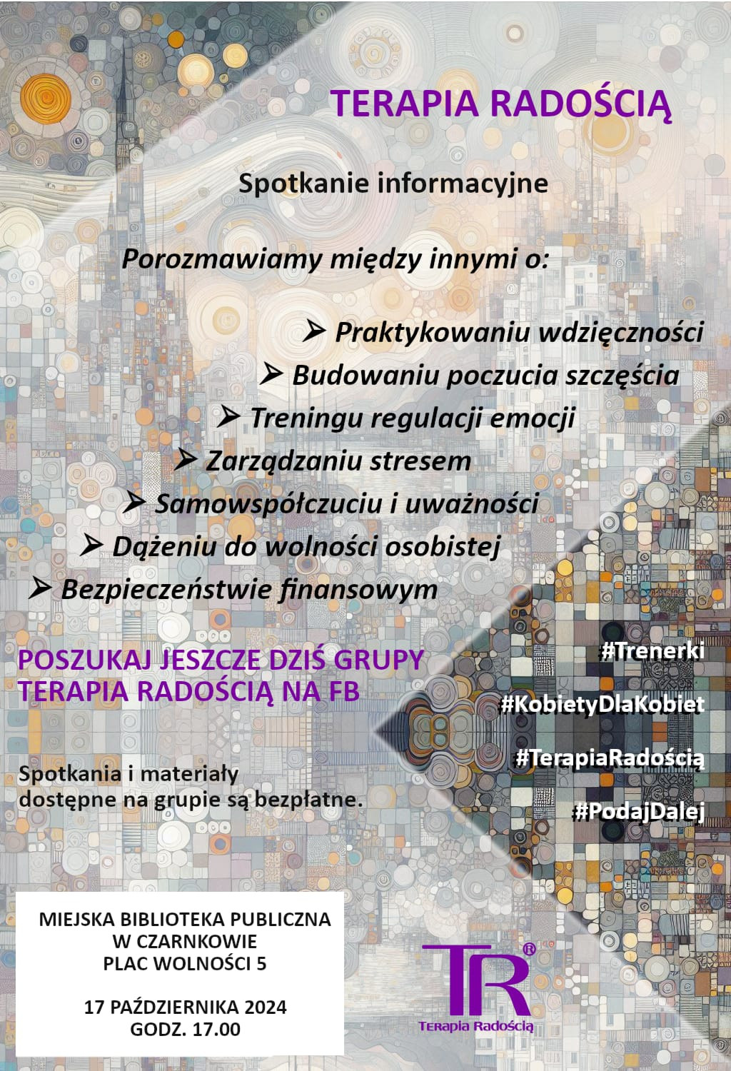 Treść plakatu na&nbsp;tle r&oacute;żnokolorowej mozaiki z&nbsp;kształt&oacute;w geometrycznych