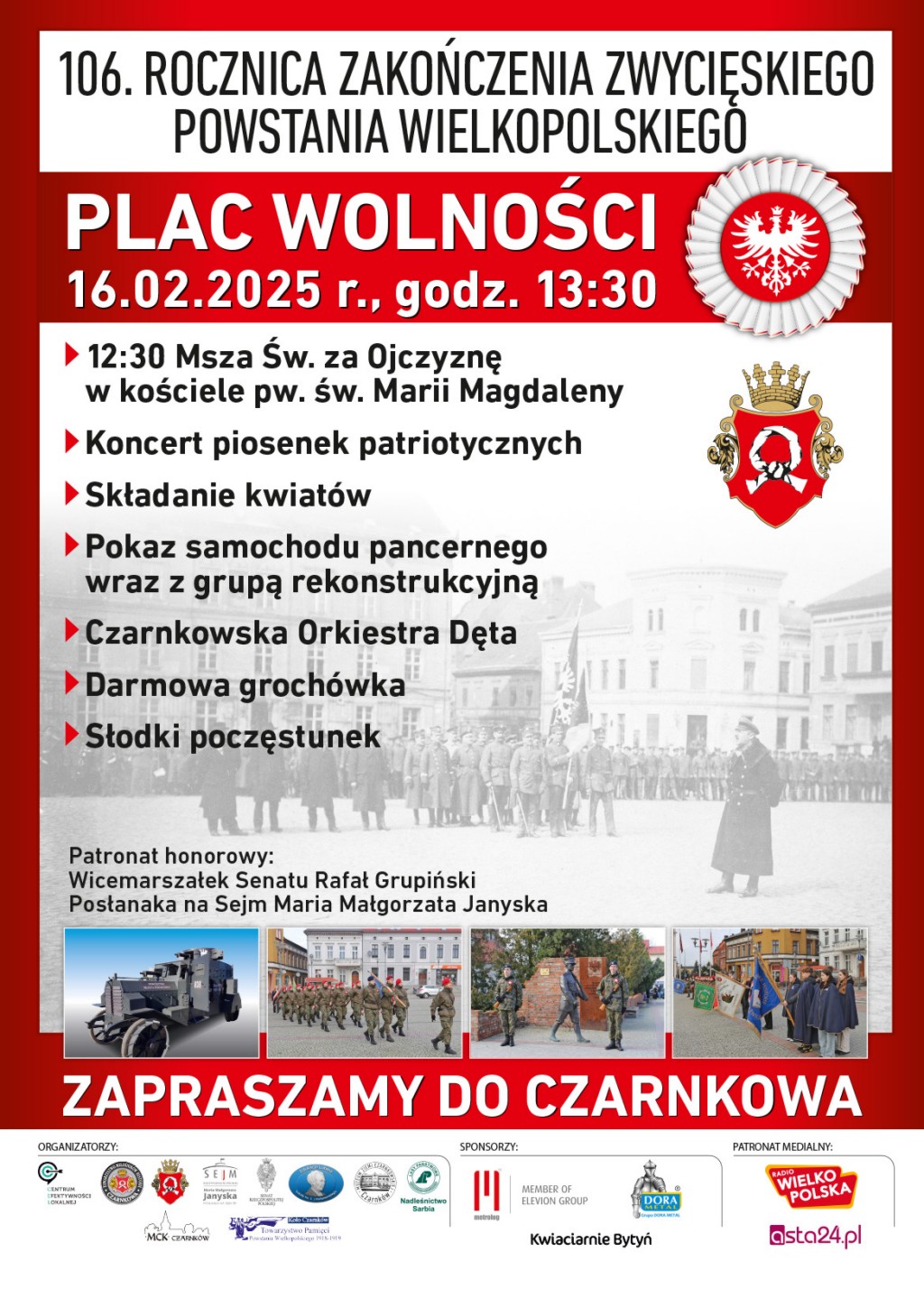 Treść plakatu ze zdjęciami nawiązującymi do obchod&oacute;w rocznic powstania wielkopolskiego