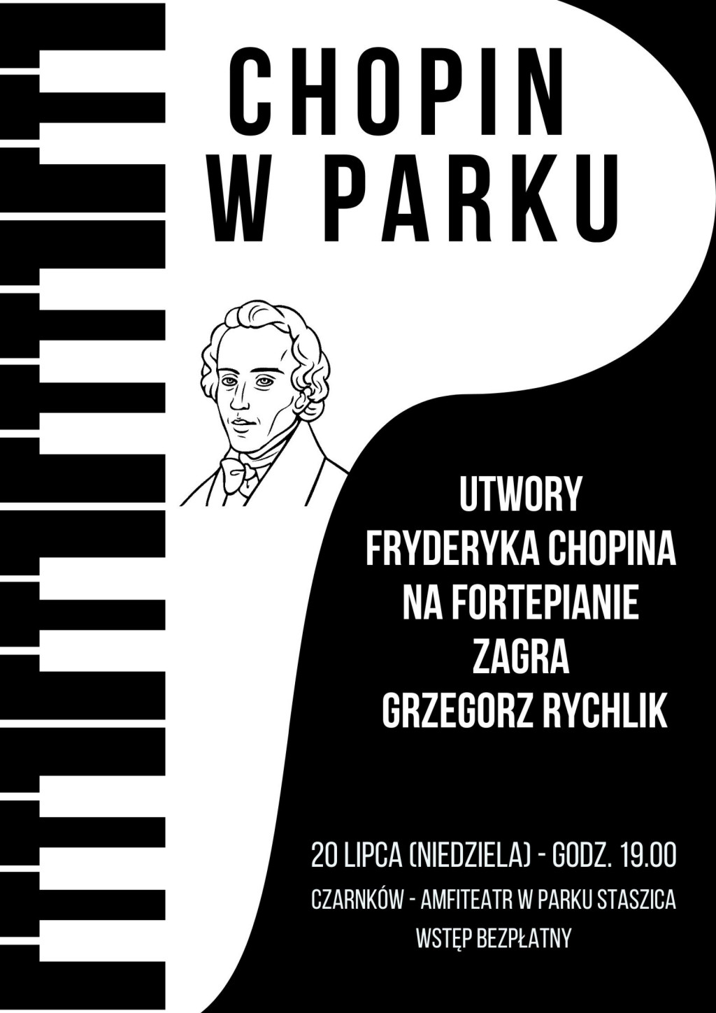 Treść plakatu na&nbsp;tle grafiki fortepianu z&nbsp;rysunkowym popiersiem Fryderyka Chopina