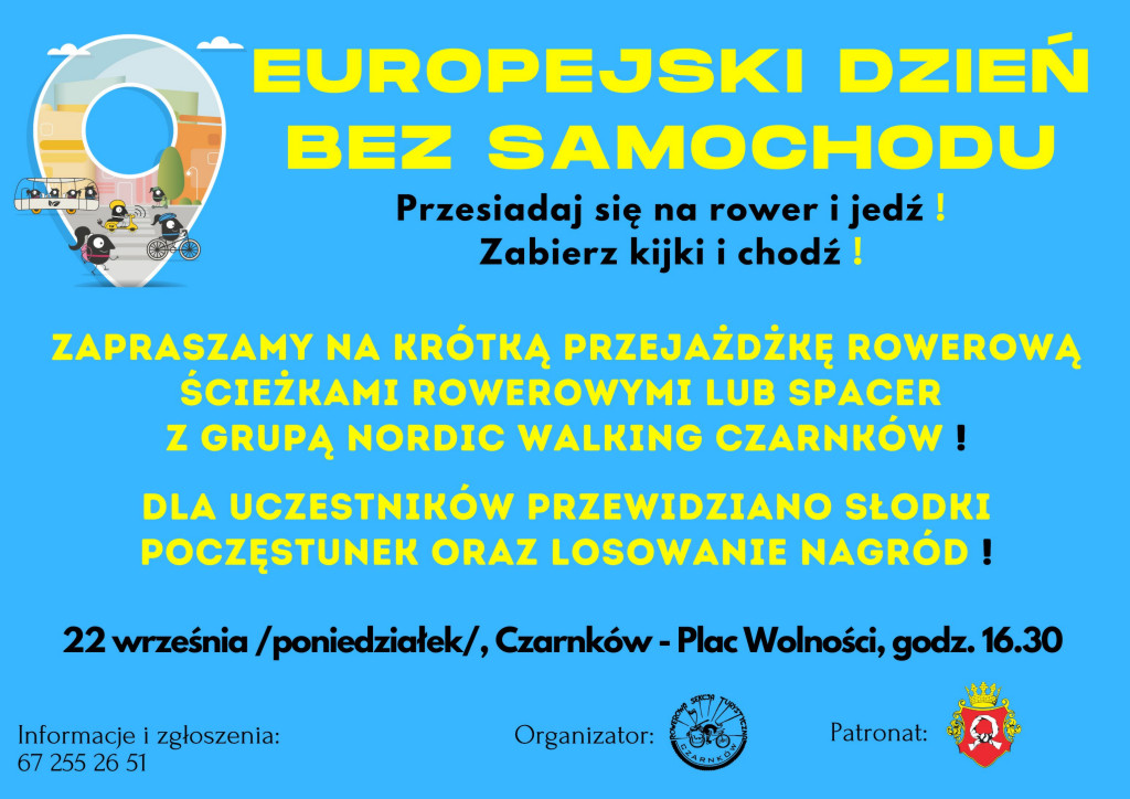 Treść plakatu z&nbsp;grafiką os&oacute;b chodzących pieszo, jeżdżących na&nbsp;rowerze i&nbsp;hulajnodze oraz&nbsp;poruszających się transportem zbiorowym
