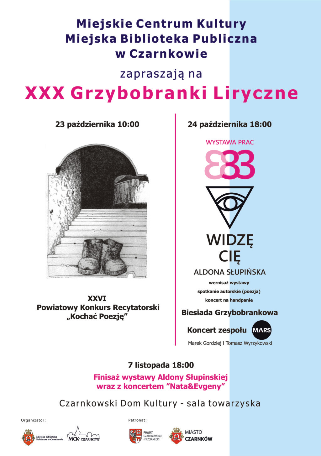 Treść plakatu z&nbsp;grafikami but&oacute;w stojących na&nbsp;schodach oraz&nbsp;okiem zamkniętym w&nbsp;tr&oacute;jkącie