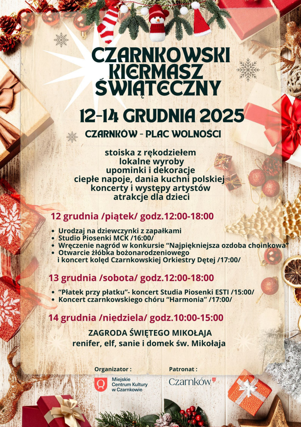 Treść plakatu w&nbsp;ramce złożonej z&nbsp;ozd&oacute;b świątecznych