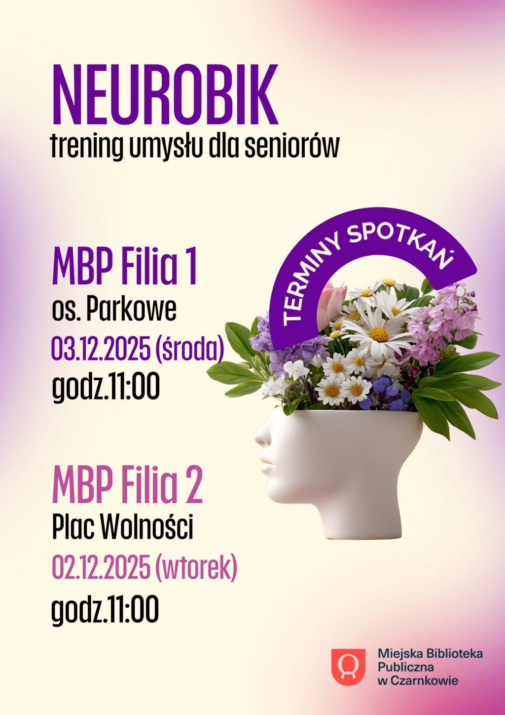 Treść plakatu z&nbsp;grafiką porcelanowej głowy z&nbsp;kwiatami imitującymi włosy