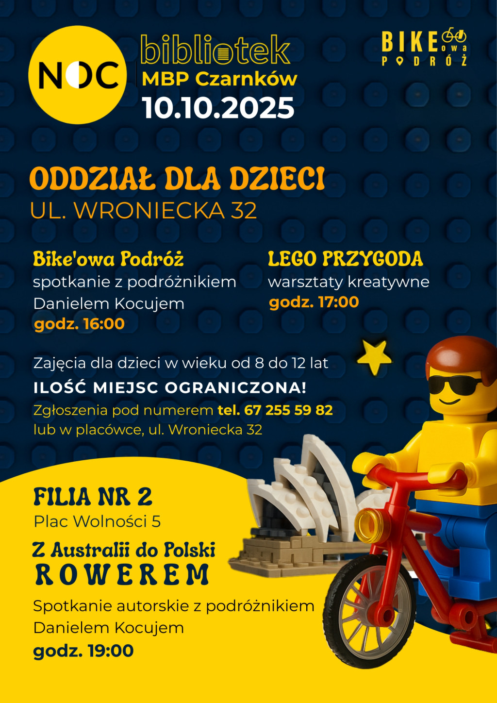 Treść plakatu na&nbsp;tle klock&oacute;w lego ułożonych w&nbsp;rowerzystę i&nbsp;budynek opery w&nbsp;auralijskim Sydney