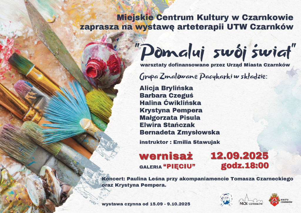 Treść plakatu ze zdjęciem przybor&oacute;w malarskich w&nbsp;postaci farb, pędzli i&nbsp;szpachelki