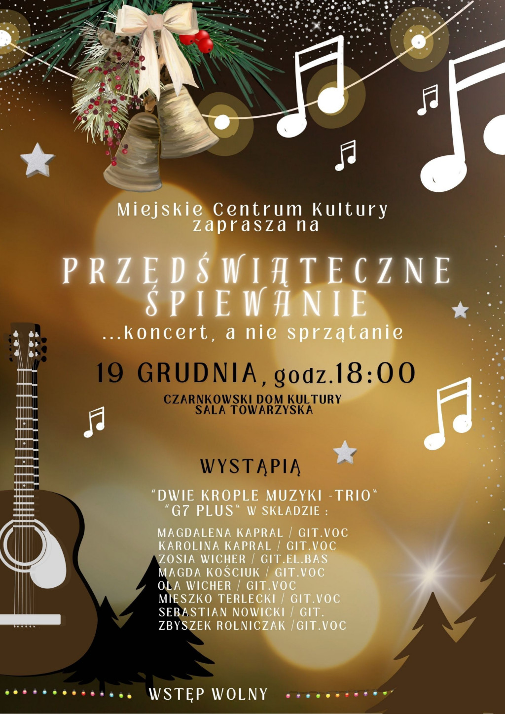 Treść plakatu opatrzona grafikami w&nbsp;postaci świątecznych ozd&oacute;b, nut, gitary i&nbsp;świerk&oacute;w