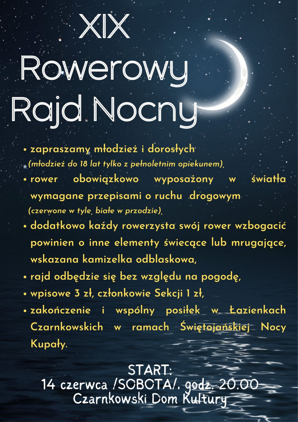 Treść plakatu na&nbsp;tle nocnego nieba z&nbsp;gwiazdami i&nbsp;sierpem księżyca