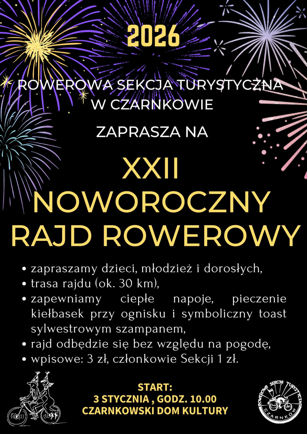 Treść plakatu grafiką wybuchających fajerwerk&oacute;w i&nbsp;logami Rowerowej Sekcji Turystycznej i&nbsp;Noworocznego Rajdu Rowerowego