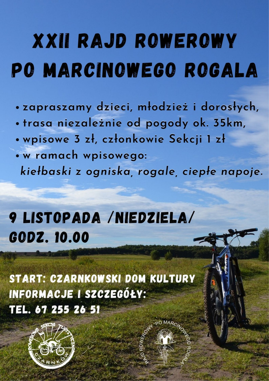 Treść plakatu na&nbsp;zdjęcia roweru stojącego na&nbsp;gruntowej drodze przy polu