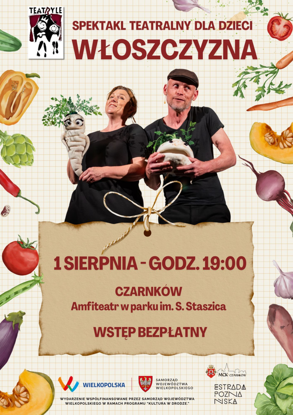 Treść plakatu z&nbsp;fotografią dwojga ludzi trzymających korzeń pietruchy i&nbsp;selera stylizowane na&nbsp;postacie