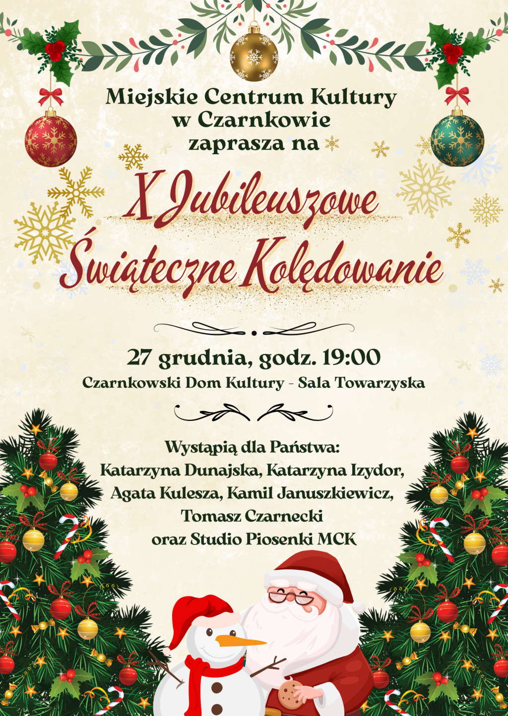 Treść plakatu ze świątecznymi ozdobami oraz&nbsp;św. Mikołajem i&nbsp;bałwanem