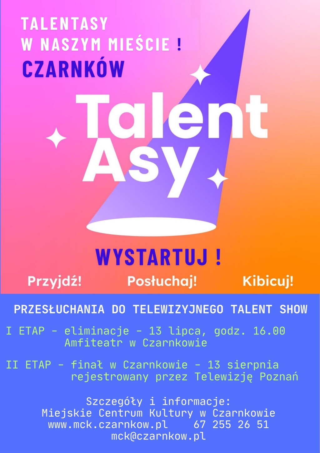 Treść ogłoszenia z&nbsp;grafiką wiązki światła reflektora punktowego