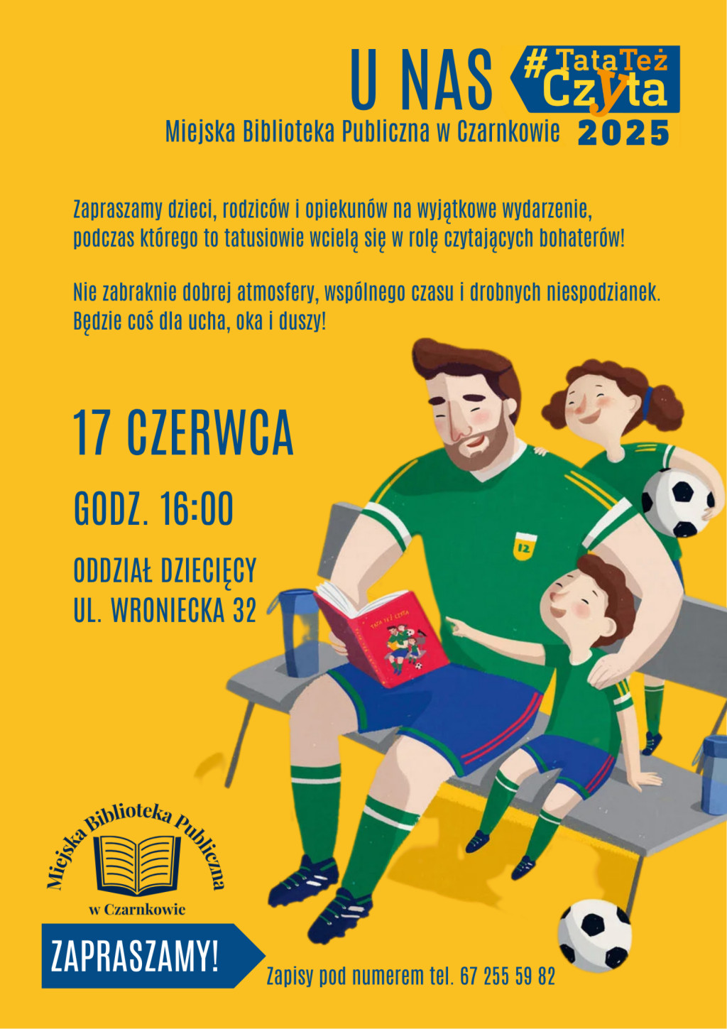 Treść plakatu z&nbsp;rysunkiem czytającego książkę mężczyzny siedzącego z&nbsp;chłopcem na&nbsp;ławce, kobieta stoi za ławką