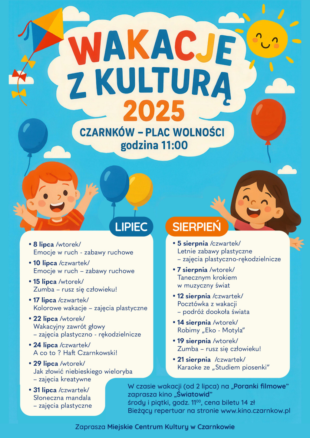 Treść plakatu z&nbsp;grafiką uśmiechniętych dzieci, balonik&oacute;w, latawca, chmur i&nbsp;słońca na&nbsp;tle błękitnego nieba